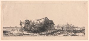 Landskap med stugor och en hölada: avlångt av Rembrandt van Rijn