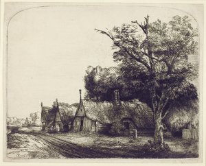 Landskap med stugor med gavel vid en väg, 1650 (etsning och spets på papper) av Rembrandt van Rijn