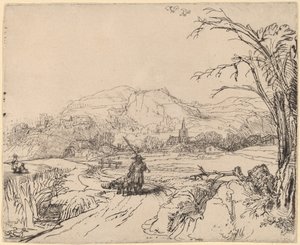 Landskap med idrottsman och hund av Rembrandt van Rijn