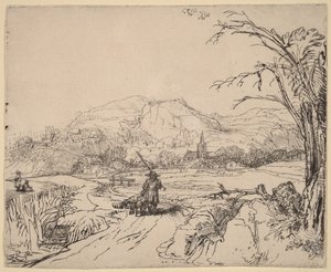 Landskap med jägare och hund av Rembrandt van Rijn
