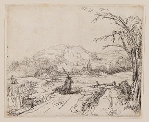 Landskap med idrottsman och hundar av Rembrandt van Rijn