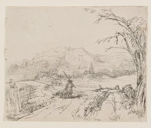 Landskap med jägare och hundar av Rembrandt van Rijn