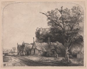 Landskap med tre gavelstugor bredvid en väg av Rembrandt van Rijn