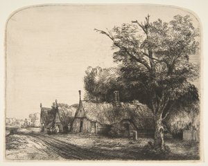 Landskap med tre gavelstugor bredvid en väg, 1650. av Rembrandt van Rijn