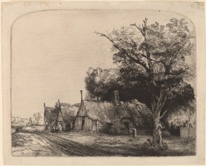 Landskap med tre gavelstugor bredvid en väg av Rembrandt van Rijn