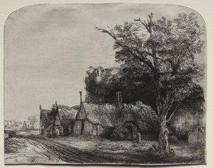 Landskap med tre gavelstugor bredvid en väg av Rembrandt van Rijn