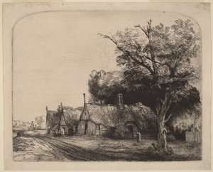 Landskap med tre stugor med sadeltak vid en väg av Rembrandt van Rijn