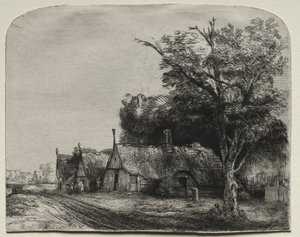Landskap med tre gavelstugor bredvid en väg, 1650. av Rembrandt van Rijn
