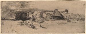 Landskap med träd, gårdsbyggnader och ett torn av Rembrandt van Rijn
