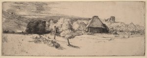 Landskap med träd, lantbruksbyggnader och ett torn av Rembrandt van Rijn