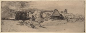 Landskap med träd, lantbruksbyggnader och ett torn av Rembrandt van Rijn