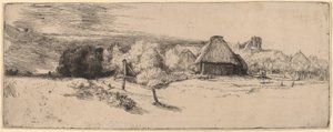 Landskap med träd, gårdsbyggnader och ett torn, ca. 1651. av Rembrandt van Rijn
