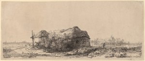 Landskap med stuga och hölada: avlångt av Rembrandt van Rijn