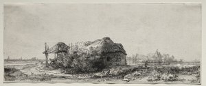 Landskap med stuga och hölada: avlångt av Rembrandt van Rijn