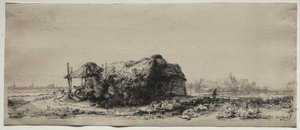 Landskap med stuga och hölada: avlångt av Rembrandt van Rijn