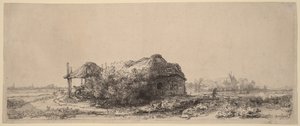 Landskap med en stuga och en höskulle: Avlång av Rembrandt van Rijn