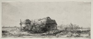 Landskap med stuga och hölada: Avlångt, 1641. av Rembrandt van Rijn