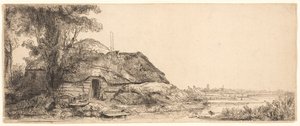 Landskap med en stuga och ett stort träd av Rembrandt van Rijn