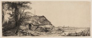 Landskap med en stuga och ett stort träd av Rembrandt van Rijn