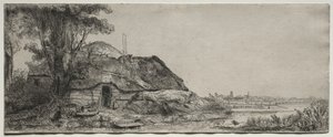 Landskap med en stuga och ett stort träd av Rembrandt van Rijn