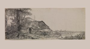 Landskap med en stuga och ett stort träd av Rembrandt van Rijn