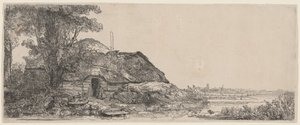 Landskap med en stuga och ett stort träd av Rembrandt van Rijn