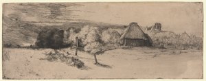 Landskap med en gårdsbyggnad och "Huset med tornet" av Rembrandt van Rijn