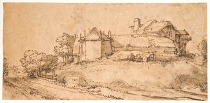 Landskap med en bondgård och en hölada av Rembrandt van Rijn