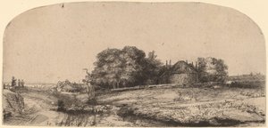 Landskap med en hölada och en fårflock av Rembrandt van Rijn