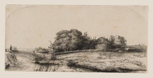Landskap med en höskulle och en fårflock av Rembrandt van Rijn