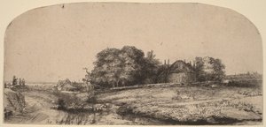 Landskap med en höskulle och en fårflock av Rembrandt van Rijn