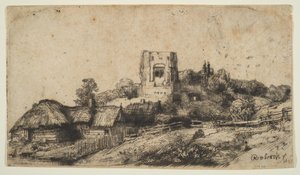 Landskap med ett fyrkantigt torn, 1650. av Rembrandt van Rijn