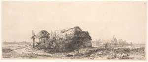 Landskap med en stuga och en höskulle: avlångt av Rembrandt van Rijn