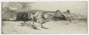 Landskap med en gårdsbyggnad och "huset med tornet" av Rembrandt van Rijn