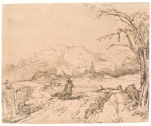 Landskap med en jägare och hundar av Rembrandt van Rijn