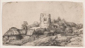 Landskap med ett fyrkantigt torn av Rembrandt van Rijn
