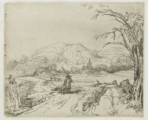 Landskap med en jägare och hundar av Rembrandt van Rijn
