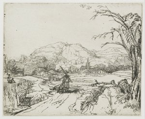 Landskap med en jägare och hundar av Rembrandt van Rijn
