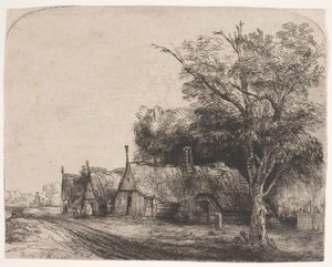 Landskap med tre gavelstugor intill en väg av Rembrandt van Rijn