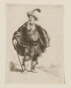 Stående man i orientalisk dräkt och pälsmössa med fjädrar av Rembrandt van Rijn