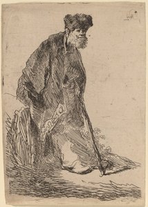 Man i kappa och pälsmössa lutad mot en bank av Rembrandt van Rijn