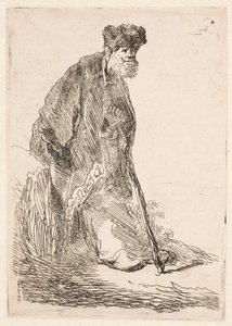 En man i mantel och pälsmössa som lutar sig mot en bänk av Rembrandt van Rijn