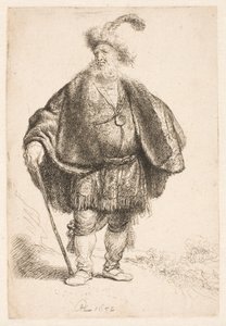 Man klädd i orientalisk dräkt och pälsmössa med fjädrar av Rembrandt van Rijn