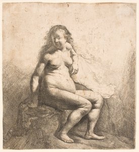 En naken kvinna som sitter på en kulle av Rembrandt van Rijn