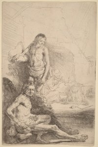 Sittande naken man och stående naken man, med en kvinna och ett spädbarn i bakgrunden av Rembrandt van Rijn