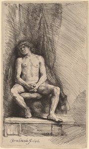 Naken man sitter framför en gardin av Rembrandt van Rijn