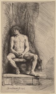 Naken man sittande framför en gardin av Rembrandt van Rijn