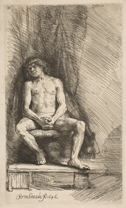 Naken man sittande framför en ridå, 1646. av Rembrandt van Rijn