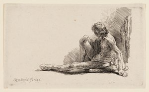 Naken man sittande på marken med ett ben förlängt av Rembrandt van Rijn