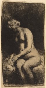 Naken sittande på en bänk med en kudde (kvinna som badar fötterna vid en bäck) av Rembrandt van Rijn